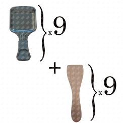 Set aus 9 Raclettepfännchen und 9 Holzspateln für Pfännchen, Raclettespachtel