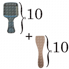 Satz von 10 Raclette-Schälchen und 10 Holzspateln für Pfännchen, Raclette-Spatel